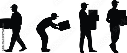 Vector illustration of delivery workers carrying boxes, courier service silhouettes, logistics staff in action, shipping employees, transportation concept design elements for business