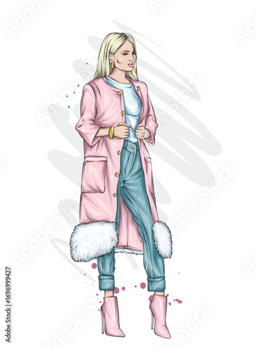 Beautiful girl in stylish clothes. Fashion and style. New Year and Christmas. Vector illustration.