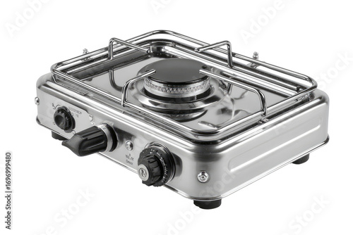 Portable stainless steel gas stove.  Compact, rectangular design with a single burner