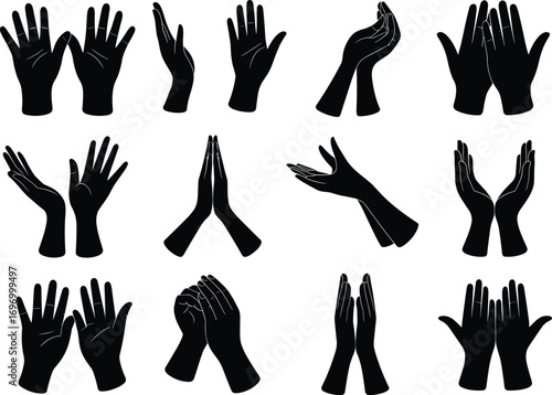 Vector illustration of different human hands in prayer, worship, meditation, and spiritual gesture poses, black silhouette design for religion, faith, mindfulness