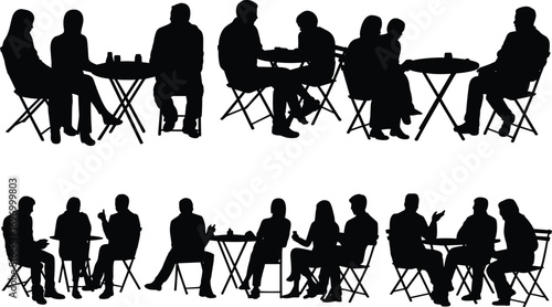 Vector illustration of people sitting at tables in conversation, social gathering silhouettes, group discussion, teamwork, meeting, friendship, communication, casual lifestyle concept