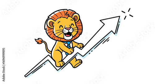 Cartoon Lion Riding Upward Arrow, Symbolizing Growth and Success