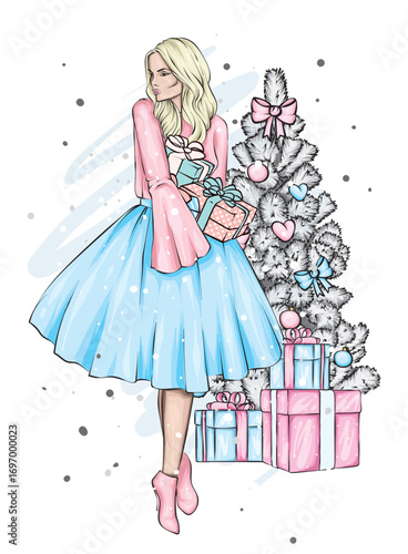 A beautiful girl in stylish clothes and a Christmas tree. Fashion and style. Vector illustration.