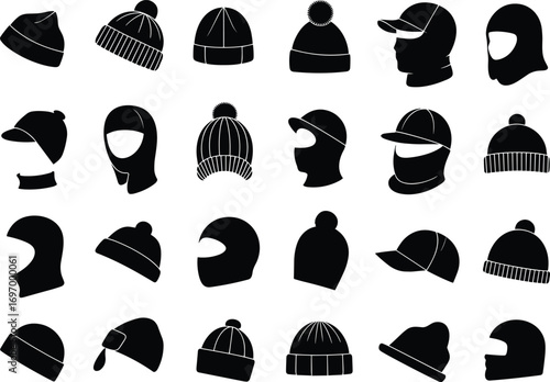 Winter hats and balaclava silhouettes collection, vector beanie caps, ski masks, warm headwear icons for cold weather clothing, fashion, outdoor activities illustration