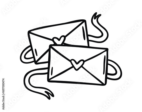 Two envelopes on ribbon with hearts line art outline, monochrome hand drawn.