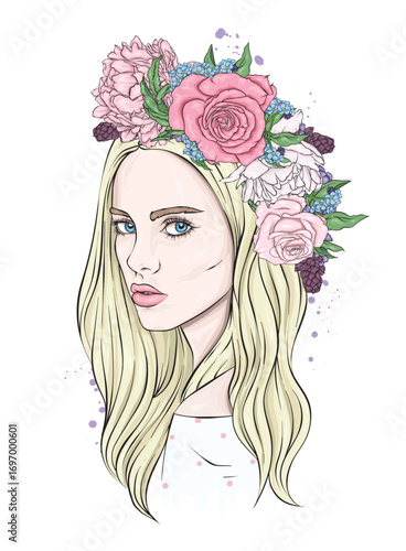 Beautiful girl with long hair in a wreath of roses and peonies. Flowers Big eyes and full lips. Vector illustration for greeting card or poster, print on clothes. Fashion and style, accessories.