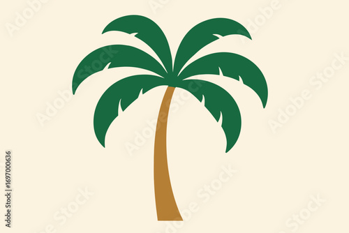 A stylized illustration of a palm tree with green fronds and a brown trunk against a light beige background.