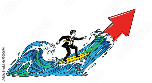 Businessman Surfing Upward on a Wave Towards a Red Arrow