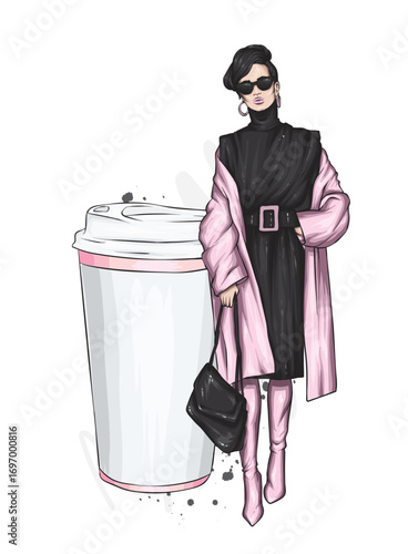 A beautiful girl in stylish clothes and a glass of coffee. Fashion and style. Vector illustration.