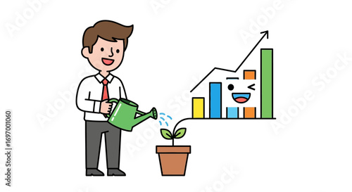 Businessman Watering Growing Plant with Upward Trending Graph