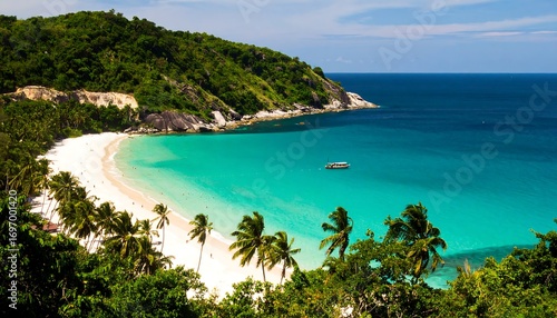 Exotic beach paradise: Pristine sands and turquoise waters meet lush tropics