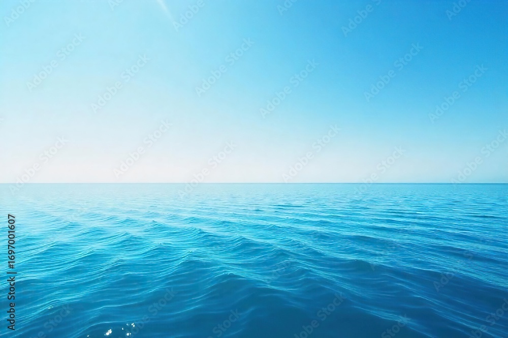 Fototapeta premium Endless expanse of calm ocean, a flat horizon meeting the clear sky Perfect for travel, serenity, and nature themes Ideal for websites, brochures, and publications , blue, oceanic