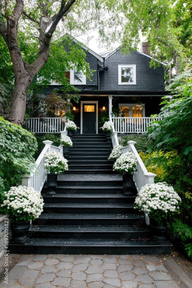 A stately home with a grand entrance, showcasing black-painted wooden steps adorned with white flowers, leading to a dark-colored house framed by lush green trees and shrubs.