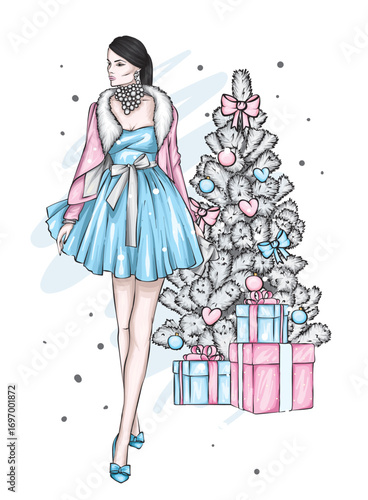A beautiful girl in stylish clothes and a Christmas tree. Fashion and style. Vector illustration.