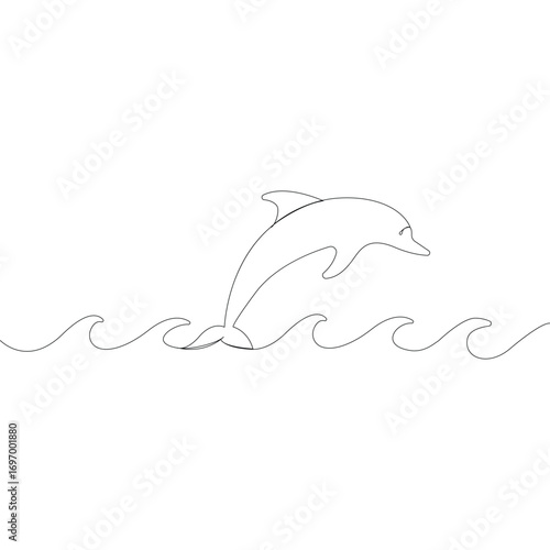 Single line drawing of dolphin jumping over waves ocean