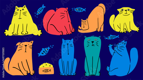 Set of cute funny cats with different emotions and poses. Kittens with fish vector illustration. Collection of hand drawn stickers with favorite pets