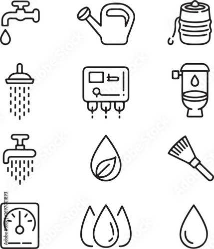 Collection of black outline icons related to water and plumbing water tap faucet