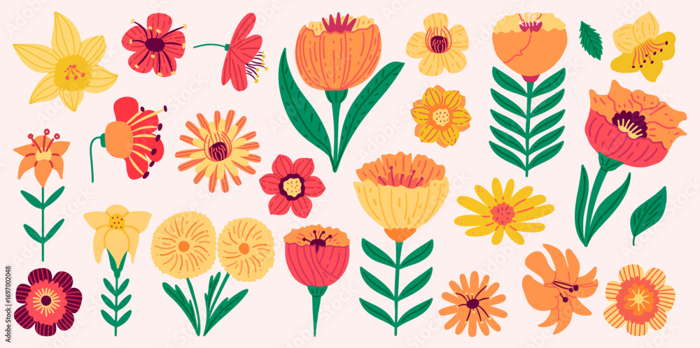 Fototapeta premium Set of different wild hand drawn flowers. Floral design elements for cards, invitations, social media, and other creative projects.