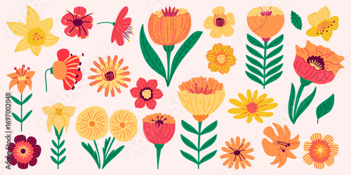 Set of different wild hand drawn flowers. Floral design elements for cards, invitations, social media, and other creative projects.