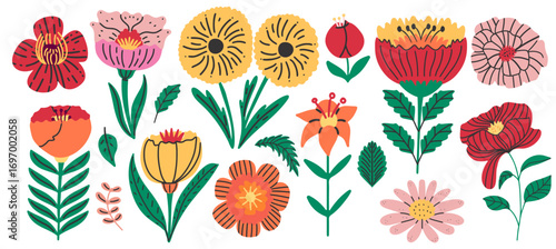 Flowers doodle art trendy retro collage set. Red, yellow, pink and orange floral hand drawn elements.