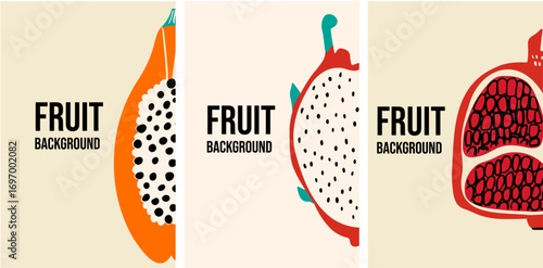 Set of contemporary art posters with papaya, dragon fruit and pomegranate.  Exotic fruits modern minimalist posters. 
