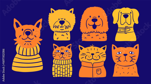 Adorable pet portrait set. Flat vector illustration with cats and dogs. Cartoon animals wearing sweaters and collars.
