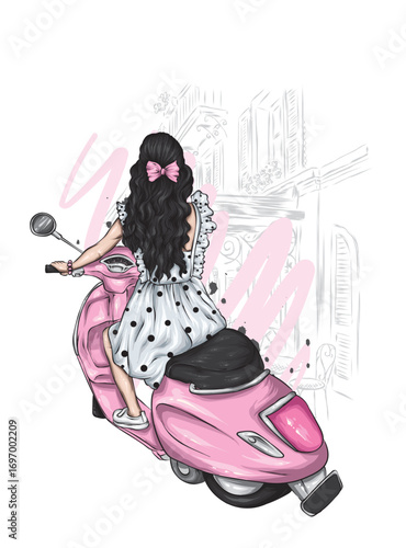 Beautiful girl and a cool motorcycle. Biker. Stylish woman. Fashion and style, clothes and accessories. Vector illustration for a card or poster. 