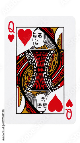 Playing card, Queen of Hearts.  Detailed illustration of a playing card featuring a regal woman in profile view,  with ornate design elements