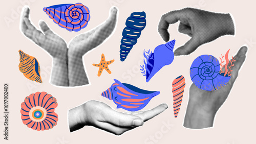 Seashells and hands vintage collage design. Halftone textured hands holding colorful seashells, starfish and spiral shells. Retro vector elements