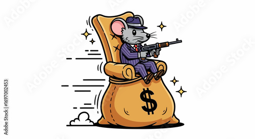 Cartoon Mouse Mafia Boss on Money Bag Throne