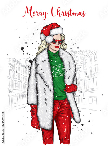 A beautiful girl in stylish winter clothes. New Year and Christmas. Fashion and style. Vector illustration.