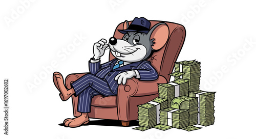 Cartoon Mouse Boss Relaxing in Chair with Stacks of Money