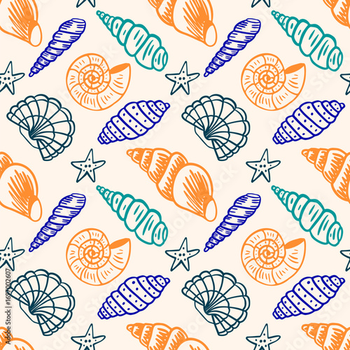 Seamless pattern with seashells and starfish. Summer beach vibes. Design elements for fabric, wrapping paper, scrapbooking, social media posts. Retro, vintage, hand-drawn style.