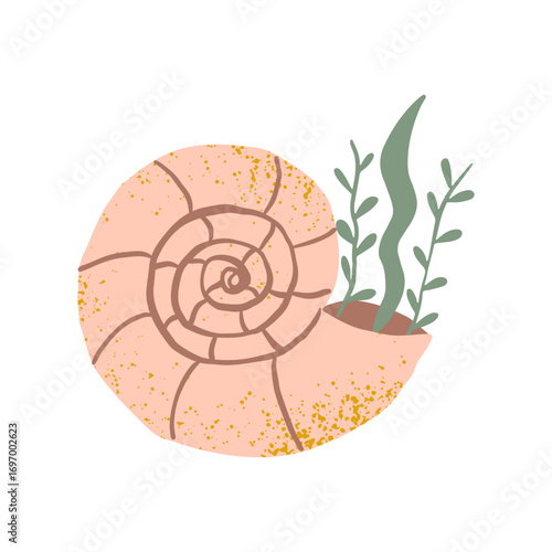 Spiral nautilus with gold  texture and  seaweed. Hand drawn seashell. Vector design illustration