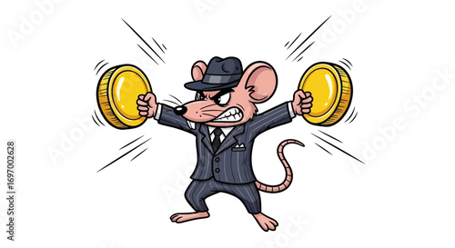 Angry Cartoon Rat in Suit Holding Gold Coins
