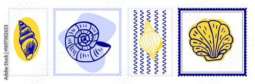 Set of postal stylish yellow-blue art stamps with seashells in hand drawn style.