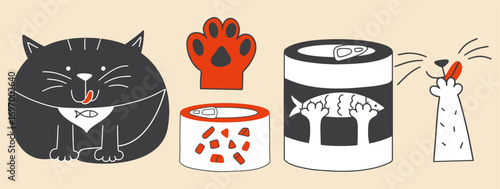 Cute set with cat food and a licking pet. Funny animal paw, kitten and canned fish. Vector doodle elements.