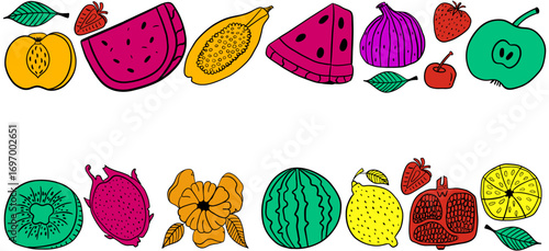 Frame with summer juicy colorful fruits. Hand drawn set with food on isolated white background.
