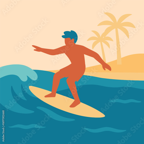 A surfer rides a wave with palm trees and a beach in the background.