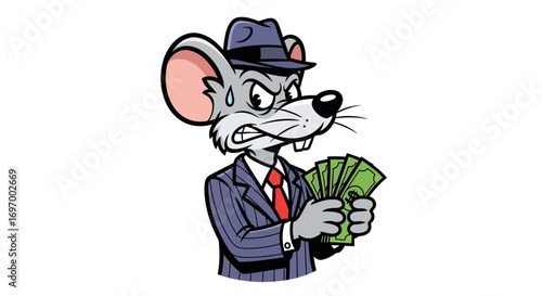 Angry Cartoon Mouse in Suit Holding Money