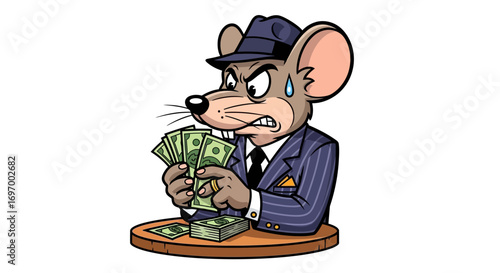 Cartoon Mouse in Suit Holding Money, Angry Expression