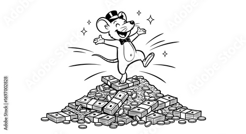Joyful Cartoon Mouse in Top Hat Dancing on a Pile of Money