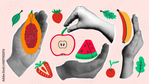 Fresh and healthy food collage in pop art style. Halftone hands holding various fruits. Minimalist vector design elements