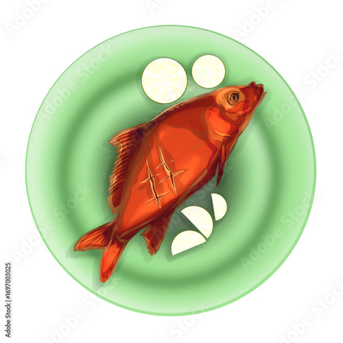 grilled fish with lime slices on a green plate