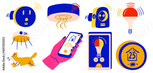 Smart home technology trendy flat design elements. Wifi controlled light bulb, socket, and thermostat. Mobile app interface, temperature control.