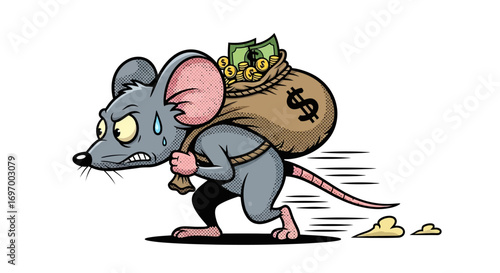 Cartoon Mouse Carrying a Heavy Sack of Money