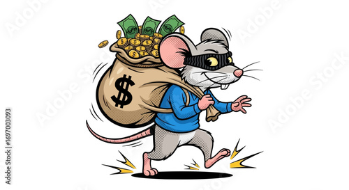 Cartoon Burglar Mouse Carrying Stolen Money Bag