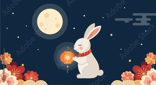 Mid-Autumn Festival illustration featuring rabbit holding glowing lantern under bright moon with flowers, celebrating Mid-Autumn Festival.