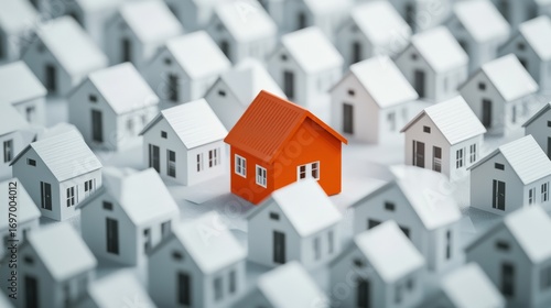 A single, distinctive house model amongst many similar ones.