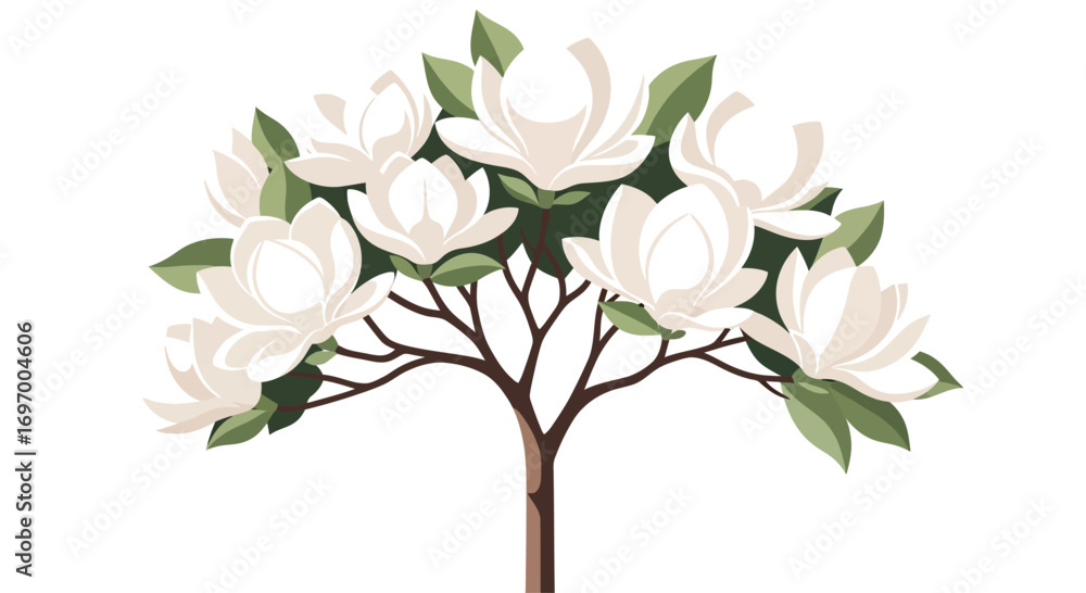 Obraz premium Illustration of a magnolia tree with white flowers and green leaves.